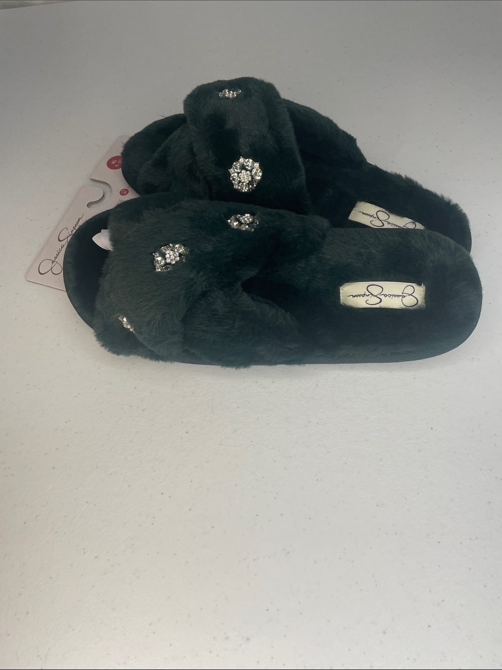 Jessica Simpson Dark Green Rhinestone Faux Fur Slide Sandals